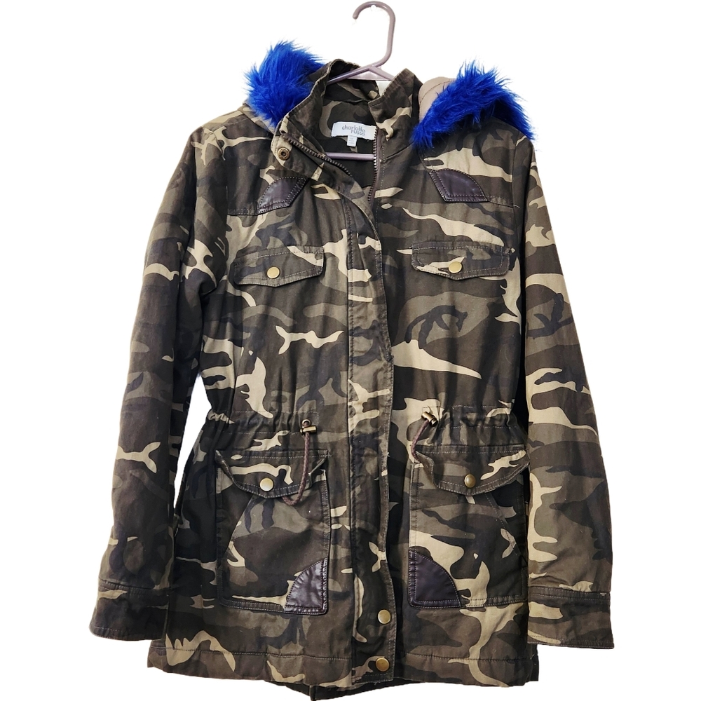 Charlotte Russe Camo Parka Coat Blue Fur Trim Hood Size M Quilted Lining